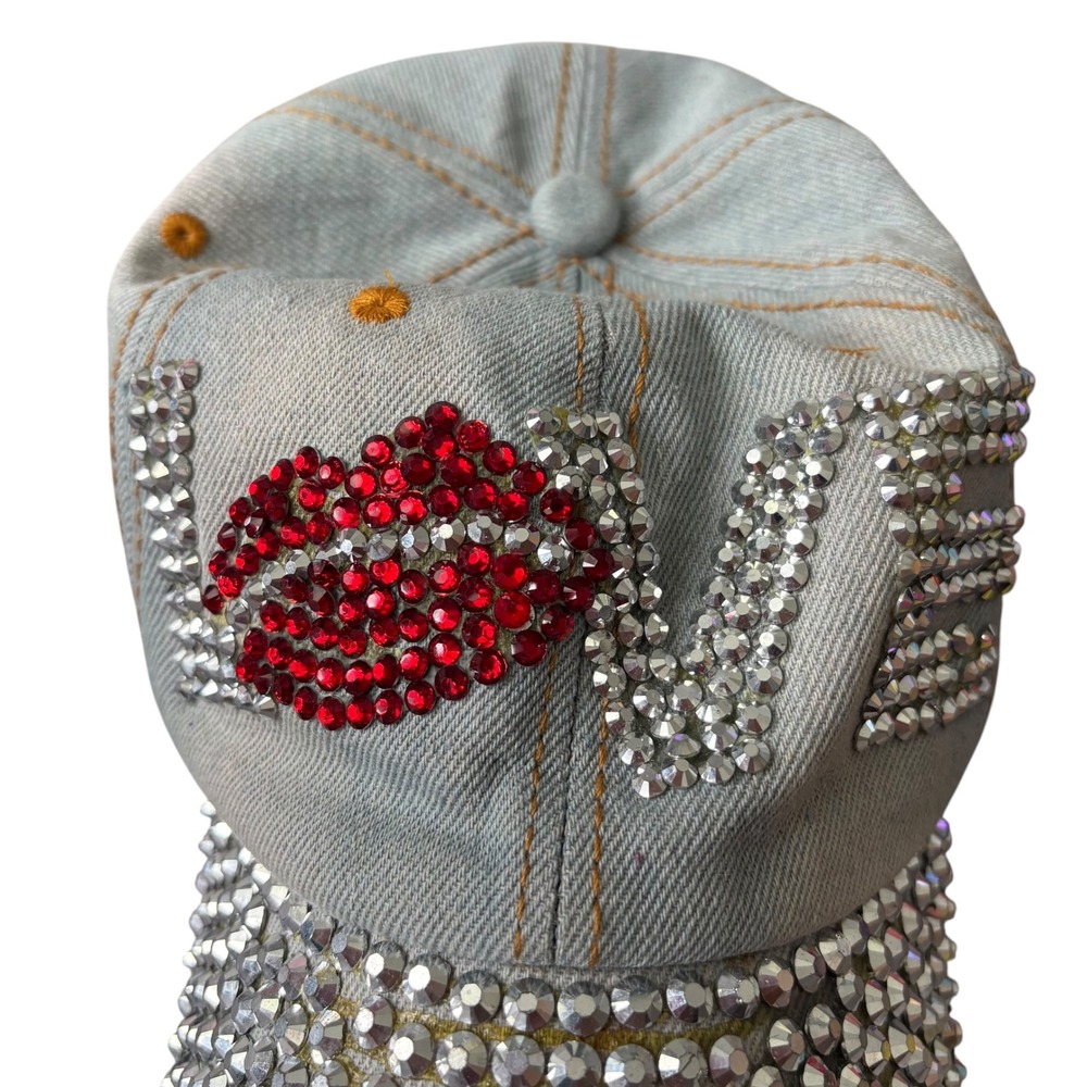 Y2K LOVE Rhinestone Lip Denim Baseball Cap Light Wash Distressed Hat McBling - Picture 6 of 10